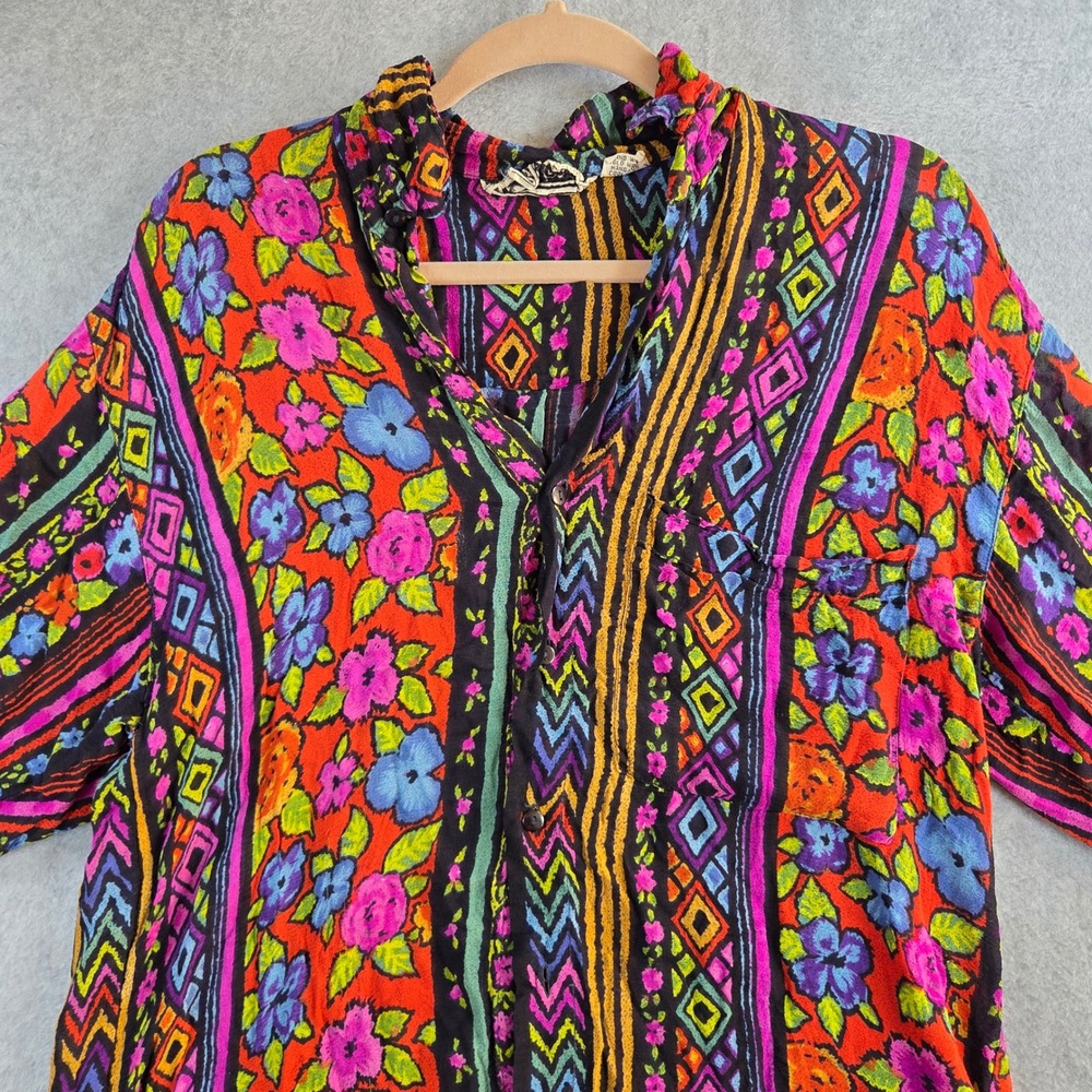 Vintage Rayon Button Down Shirt Womens Medium Multicolor Floral Geometric Nepal